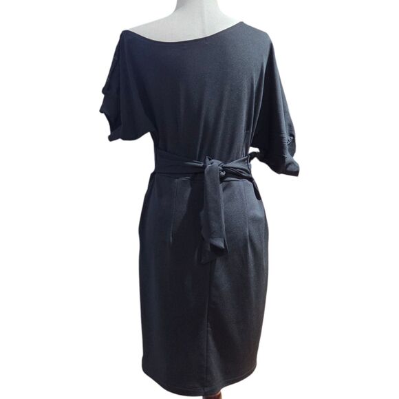 LilyIn Black Sheath Dress Knee Length Asymmetrical Boat Neck Side Pockets Size L - Picture 3 of 11